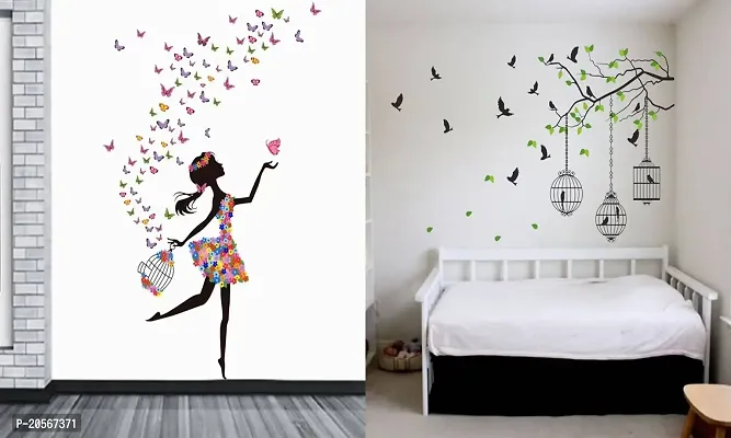 Ghar Kraft Set of 2 PVC Wall Sticker (Dream Girl and Flying Bird with Cage)-thumb0