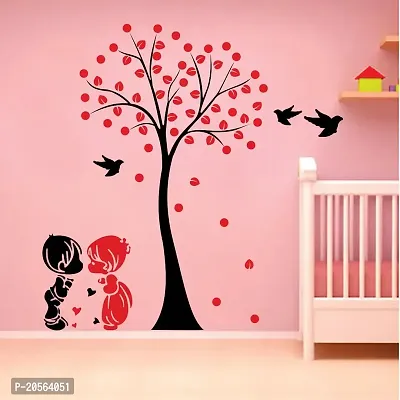 Ghar Kraft Cute Kids Couple Under Acacia Tree Wall Sticker for Living Room/Bedroom/Home, Modern Wall Art, Wall Poster (PVC Vinyl, 92 cm x 90 cm, Multi Color)-thumb0