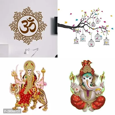 Ghar Kraft Set of 4 Combo Wall Stickers|Designer Om|Branches Flowers  BirdCages|Sherawali Maa|Ekdant|-thumb0