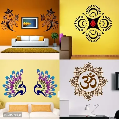Ghar Kraft Set of 4 Combo Wall Stickers |Decorative Florals|Decorative Ganesha|Decorative Peacock Feather|Designer Om-thumb0