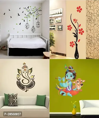 Ghar Kraft Set of 4 Wall Sticker Royal Ganesh | Flying Bird with Cage | Flower Vase Red | Flower Vase Red | Flower Vase Red | Lord Krishna Playing with Cow