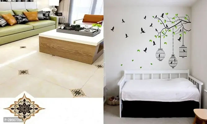 Ghar Kraft Set of 2 Wall Sticker Black with Golden Rangoli Floor and Flying Bird with Cage Wall Sticker-thumb0