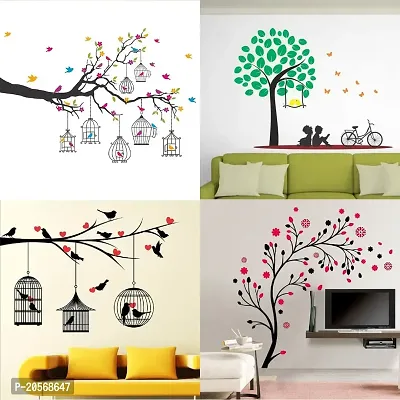 Ghar Kraft Set of 4 Combo Wall Stickers|Branches Flowers  BirdCages|Kids Under Tree|Lovebirds  Hearts|Magical Tree|-thumb0