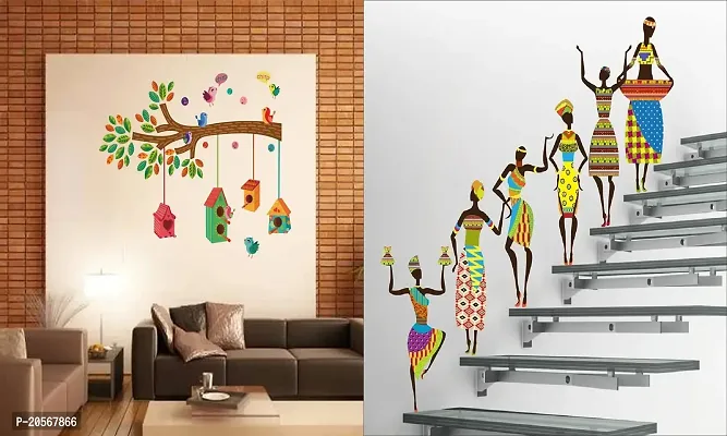 Ghar Kraft Set of 2 Wall Sticker Bird House On A Branch and Tribal Lady Wall Sticker