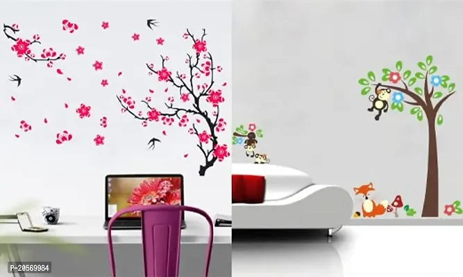 Ghar Kraft Combo Set of 2 Wall Stickers | Different Tree with Flower|Monkey Tree