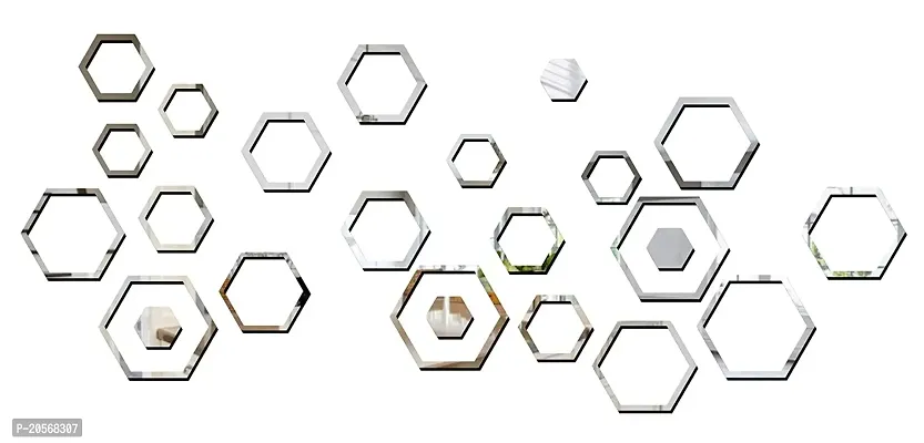 Ghar Kraft Hexgon Ring Silver 4 Set 3D Mirror Acrylic Wall Sticker | Wall Decals for Home, Living Room, Bedroom Decoration