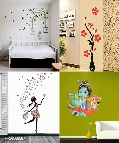 Ghar Kraft Set of 4 Wall Sticker Dream Girl | Flower Vase Red | Lord Krishna Playing with Cow | Lord Krishna Playing with Cow | Lord Krishna Playing with Cow | Flying Bird with Cage