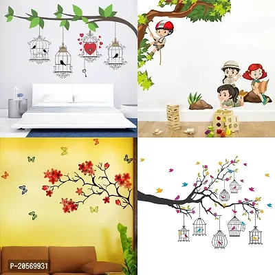 Ghar Kraft Set of 4 Combo Wall Stickers|Birdcase Key|Kids Activity|Chinese Flower|Branches Flowers  BirdCages