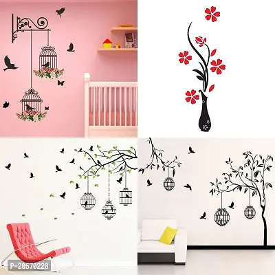 Ghar Kraft Set of 4 Combo Wall Stickers|Branches and Cages|Flower Vase Red|Flying Birds  case|Free Bird case Black|