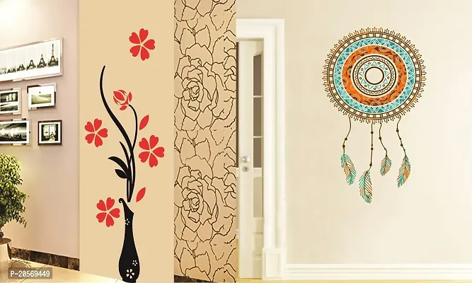 Ghar Kraft Set of 2 Wall Sticker Flower Vase Red and Hand Drawn Dreamcatcher Wall Sticker