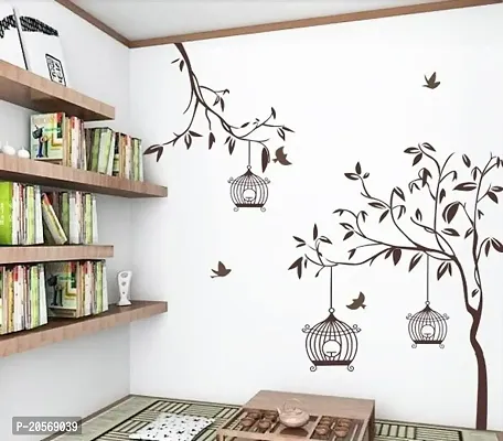 Ghar Kraft Set of 2 Wall Sticker Bird House On A Branch and Free Bird Cage Brown Wall Sticker-thumb3