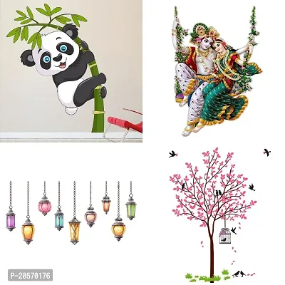 Ghar Kraft Set of 4 Combo Wall Stickers|Baby Panda|Radhamadhav Jhula |Hanging Lamp|Pink Tree Bird  Nest