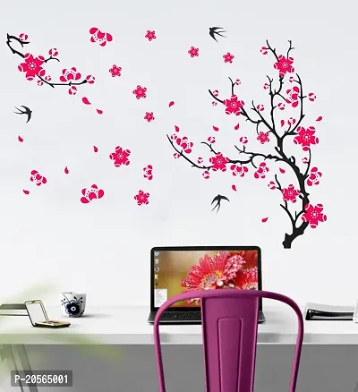 Ghar Kraft Pink Flower Tree  Bird Wall Sticker for Wall,Livingroom,Bedroom,Hall,Home (92 x 132 x 1 CM)-thumb0