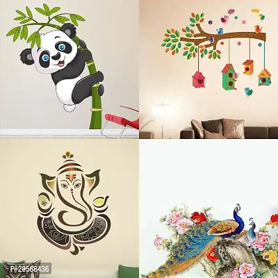 Ghar Kraft Set of 4 Combo Wall Stickers|Bird House Branch|Royal Ganesh|Royal Peacock|Baby Panda