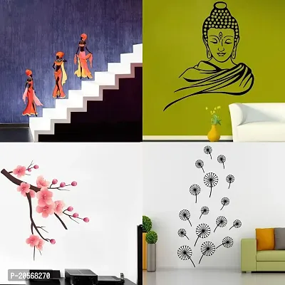 Ghar Kraft Set of 4 Combo Wall Stickers |Three Tribal Lady|Buddha|Branch with Flowers|Dandelion Flower