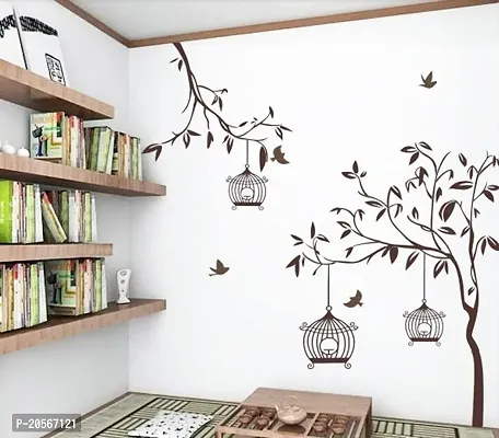 Ghar Kraft Set of 2 Wall Sticker Free Bird Cage Brown and Sb Flower Wall Sticker-thumb2