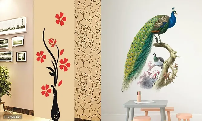 Ghar Kraft Set of 2 Wall Sticker Flower Vase Red and Nature Peacock Wall Sticker