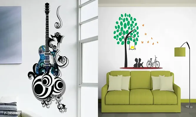 Ghar Kraft Set of 2 Wall Sticker Guitar and Kids Under The Tree Wall Sticker