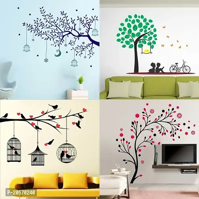 Ghar Kraft Set of 4 Combo Wall Stickers|Blue Tree Moon|Kids Under Tree|Lovebirds  Hearts|Magical Tree|