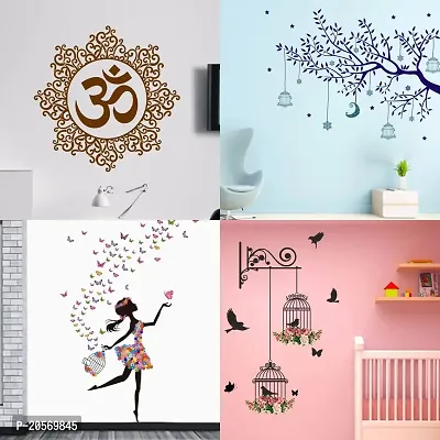 Ghar Kraft Set of 4 Combo Wall Stickers|Designer Om|Blue Tree Moon|Dreamy Girl|Branches and Cages|