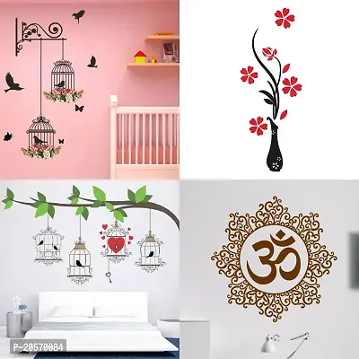 Ghar Kraft Set of 4 Combo Wall Stickers|Branches and Cages|Birdcase Key|Designer Om|Flower Vase Red|