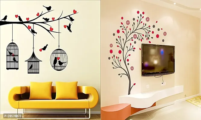 Ghar Kraft PVC Vinyl Set of 2 Wall Sticker Love Birds with Hearts and Magical Tree Wall Sticker