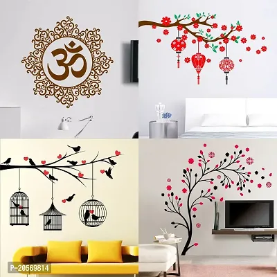 Ghar Kraft Set of 4 Combo Wall Stickers|Designer Om|Lovebirds  Hearts|Magical Tree|Red Flower  Lantern-thumb0