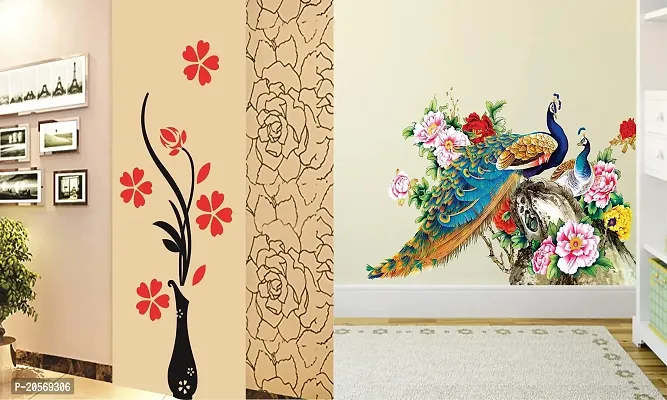 Ghar Kraft Set of 2 Wall Sticker Flower Vase Red and Royal Peacock Wall Sticker