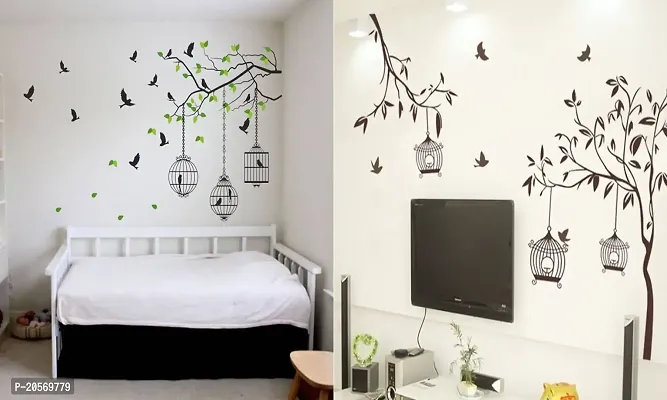 Ghar Kraft PVC Vinyl Wall Sticker Flying Bird with Cage and Free Bird Cage Brown Wall Sticker, Set of 2