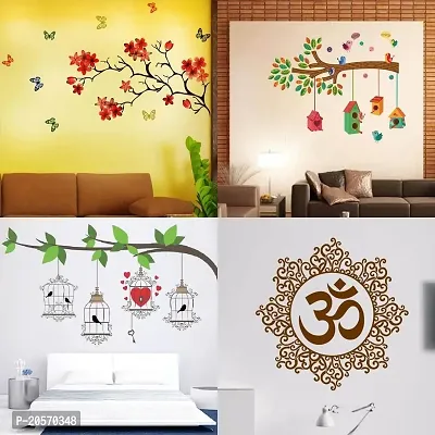 Ghar Kraft Set of 4 Combo Wall Stickers|Chinese Flower|Bird House Branch|Birdcase Key|Designer Om|