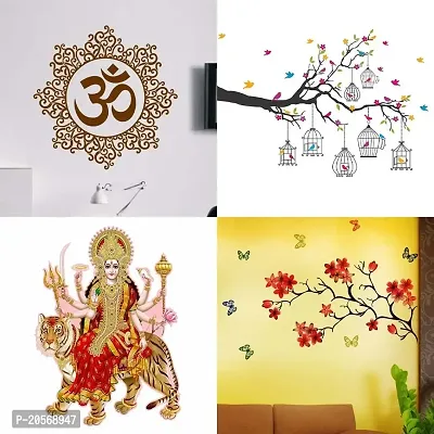 Ghar Kraft Set of 4 Combo Wall Stickers|Designer Om|Chinese Flower|Branches Flowers  BirdCages|Sherawali Maa