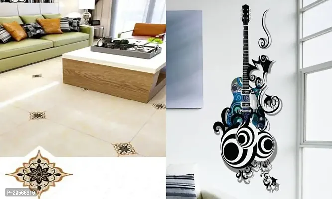 Ghar Kraft Set of 2 Wall Sticker Black with Golden Rangoli Floor Sticker and Guitar Wall Sticker-thumb0