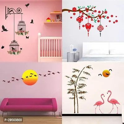 Ghar Kraft Set of 4 Combo Wall Stickers|Branches and Cages|Red Flower  Lantern|Sunrise  Flying Bird|Sunset swan Love|-thumb0