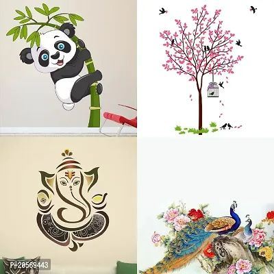 Ghar Kraft Set of 4 Combo Wall Stickers|Baby Panda|Pink Tree Bird  Nest|Royal Ganesh|Royal Peacock|-thumb0