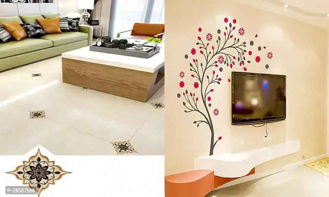 Ghar Kraft Set of 2 Wall Sticker Black with Golden Rangoli Floor Sticker Andmagical Tree Wall Sticker