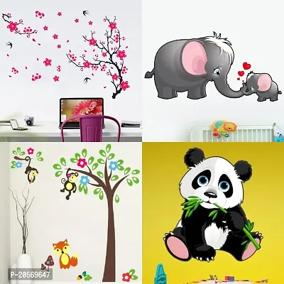 Ghar Kraft Set of 4 Combo Wall Stickers |Different Tree with Flower|Mom and Kid Elephant|Monkey Hanging On Tree|Panda