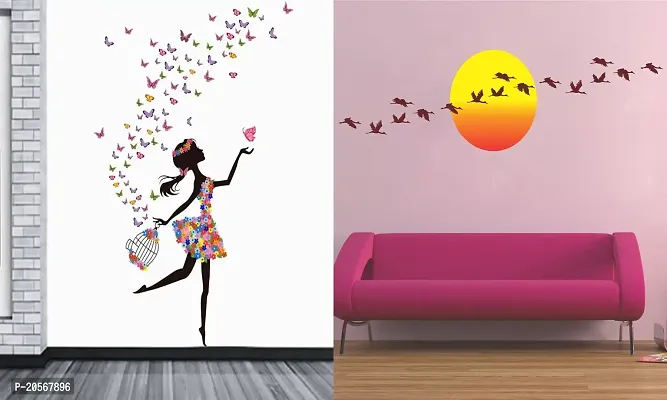 Ghar Kraft Set of 2 Wall Sticker Dream Girl and Sunrise with Flying Birds Wall Sticker-thumb0