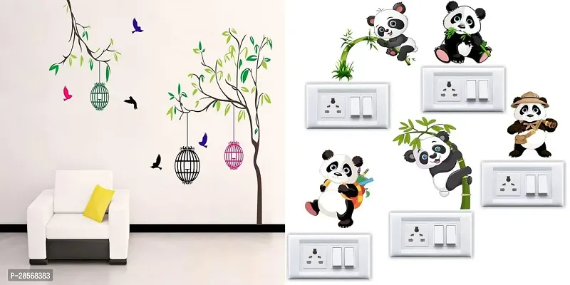 Ghar Kraft Set of 2 Free Bird Case Swith Board Panda Self Adhesive Hall, Living Room, Kids Room Wall Sticker