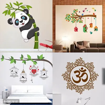 Ghar Kraft Set of 4 Combo Wall Stickers|Baby Panda|Bird House Branch|Birdcase Key|Designer Om|