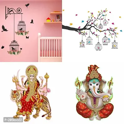 Ghar Kraft Set of 4 Combo Wall Stickers|Branches and Cages|Branches Flowers  BirdCages|Sherawali Maa|Ekdant|