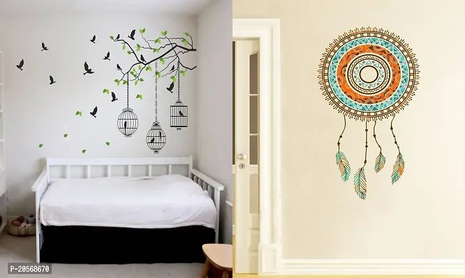 Ghar Kraft Set of 2 Wall Sticker Flying Bird with Cage and Hand Drawn Dreamcatcher Wall Sticker