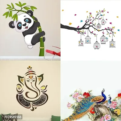 Ghar Kraft Set of 4 Combo Wall Stickers|Branches Flowers  BirdCages|Royal Ganesh|Royal Peacock|Baby Panda