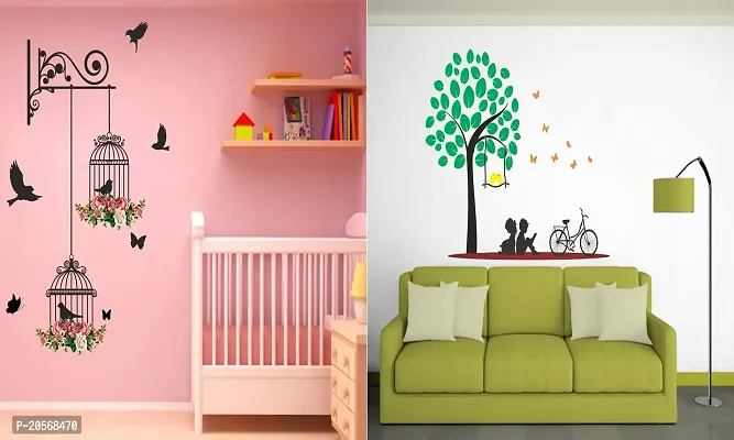 Ghar Kraft Set of 2 Wall Sticker Branches and Cages and Kids Under The Tree Wall Sticker-thumb0