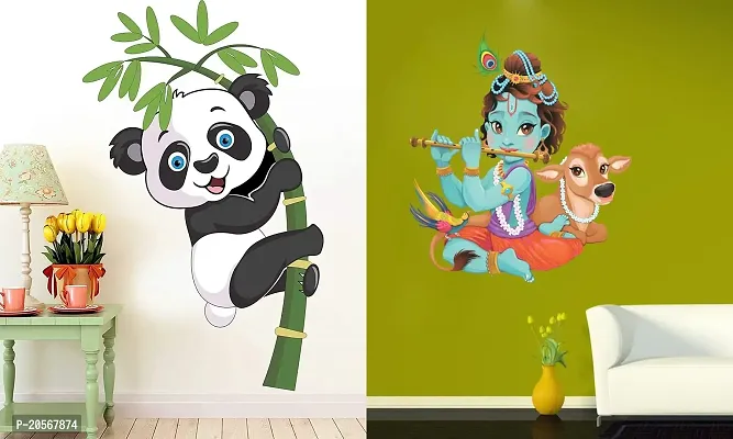 Ghar Kraft Set of 2 Wall Sticker Baby Panda and Lord Krishna Playing with Cow Wall Sticker