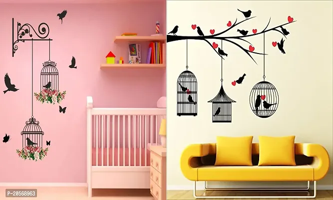 Ghar Kraft Set of 2 Wall Sticker Branches and Cages and Love Birds with Hearts Wall Sticker-thumb0