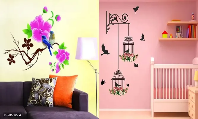 Ghar Kraft Set of 2 Wall Sticker Blue Bird and Branches and Cages Wall Sticker-thumb0