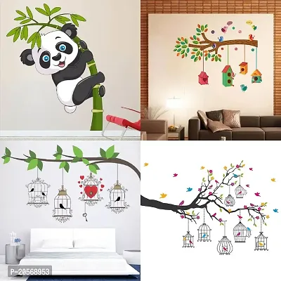 Ghar Kraft Set of 4 Combo Wall Stickers|Branches Flowers  BirdCages|Baby Panda|Bird House Branch|Birdcase Key