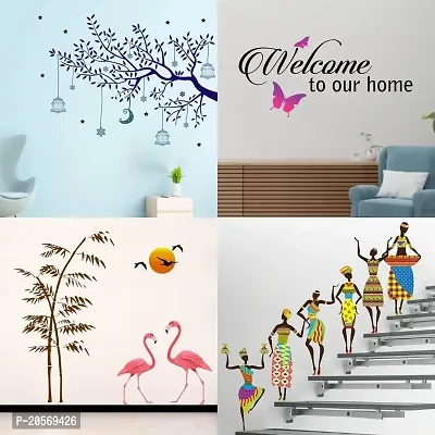 Ghar Kraft Set of 4 Combo Wall Stickers|Blue Tree Moon|Sunset swan Love|Tribal Lady|Welcome Home Butterfly|