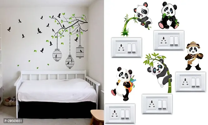 Ghar Kraft Set of 2 Wall Sticker Flying Bird with Cage and Sb Panda Wall Sticker