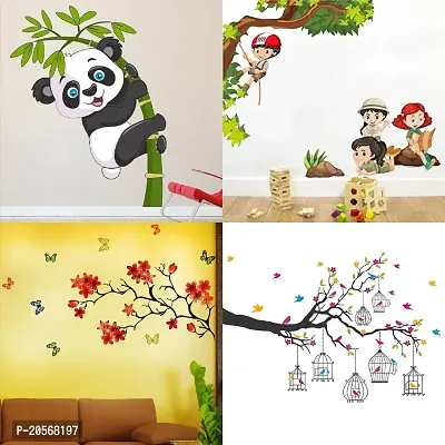 Ghar Kraft Set of 4 Combo Wall Stickers|Baby Panda|Kids Activity|Chinese Flower|Branches Flowers  BirdCages